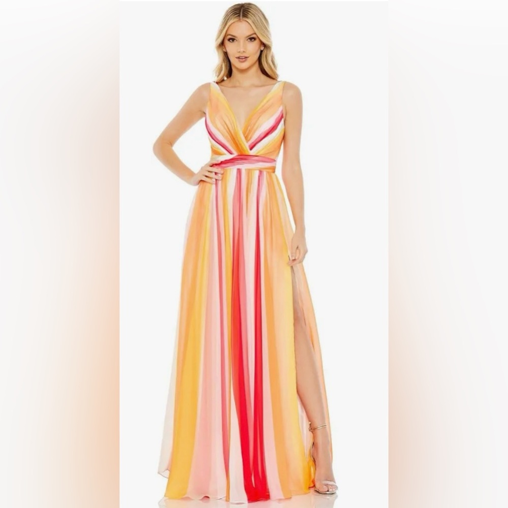 Mac Duggal Pink Stripe A-Line Side Slit Dress. Size 4. Brand new with tags.